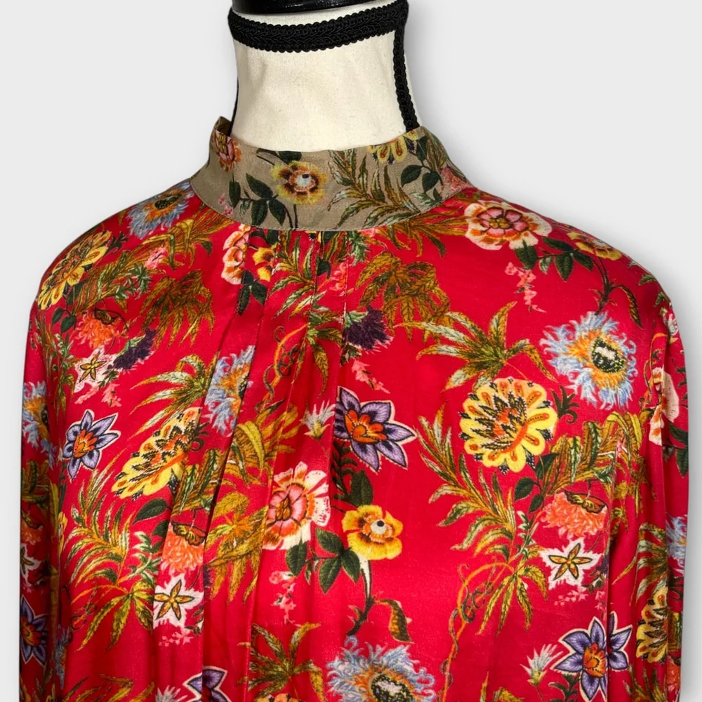 Nikasha Top MEDIUM Red Floral Mock Neck Puff Sleeve Smocked Waist Neck Tie EUC - Picture 3 of 10